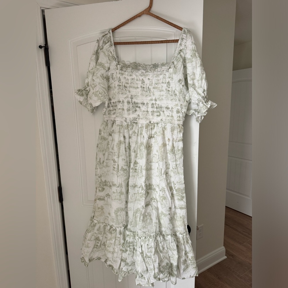 Ivy City Co. Valencia White Smocked Cottage Tiered Midi White Green Floral Dress - Picture 4 of 6